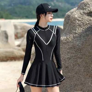 Women Long Sleeve Rash Guard Swimsuit Swimdress Swim Skirt Swimwear Bathing Suit - Picture 1 of 26