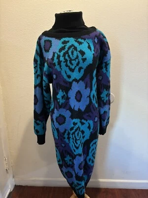 Vestido Suéter Vintage Años 80 Negro con Turquesa/Púrpura Estampado Floral Talla XL Foto 1 de 4