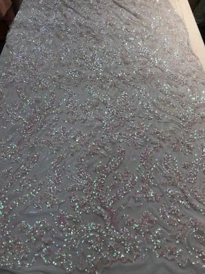 WHITE-PINK SEQUINS VINES DESIGN EMBROIDERY ON A 4 WAY STRETCH MESH-BY THE YARD. - Image 1 of 4
