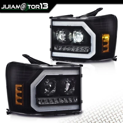  Fit For 07-14 GMC Sierra 1500 2500HD 3500HD LED DRL Tube Projector Headlights - Image 1 of 4