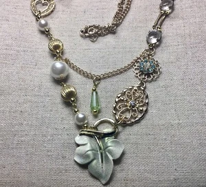 Leaf Necklace- Gold Tone, 20”  chain, up cycled pieces, Leaf, heart, Pearl Beads - Picture 1 of 6