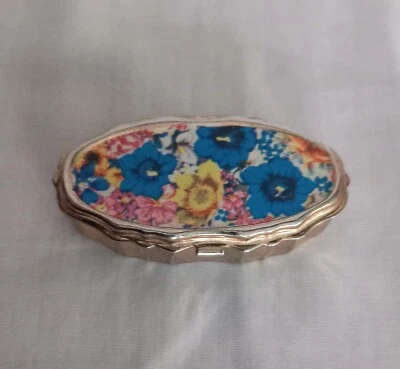 Vintage Goldtone Pill Pot Sewing Kit Pink Blue Yellow Flower Design - Image 1 of 4