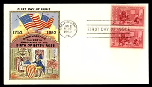 1004 3c Stamp (1952) BIRTH OF BETSY ROSS FDC BY CAPTAIN HERMAN FLUEGEL - PAIR !! - Picture 1 of 1