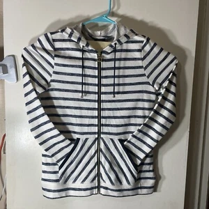 JONES NEW YORK FIRMA MEZCLA DE ALGODÓN AZUL Y BLANCO RAYAS CREMALLERA SUDADERA CON CAPUCHA SUÉTER - Imagen 1 de 9