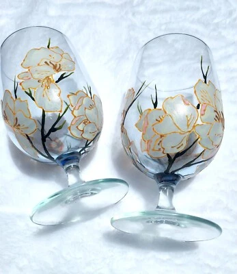 Sakura Hand painted Wine glasses 18 oz set of 2 White blosom gift Hand painted - Image 1 of 4