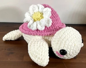 Handmade Crochet Amigurumi Sea Turtle in Pink and Cream Daisy Flower 12" Plush - Picture 1 of 13