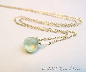 Solid 14k Gold Prehnite Necklace, large green gemstone solitaire Handmade - Picture 1 of 5
