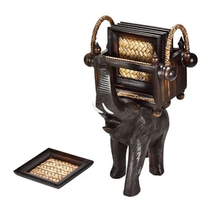 Proud Elephant Hand Carved Wooden Square Coasters with Holder Set of 6 - Picture 1 of 6