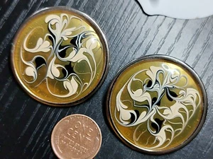 Vintage Stud Earrings Gold Round Hand Painted - Picture 1 of 5