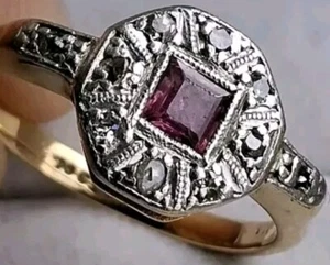 Art Deco 18Ct Gold Ruby & Diamond Cluster Dress Engagement Ring Size N/O - Picture 1 of 14