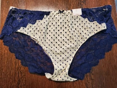 NWT CABERNET NYLON SPANDEX BIKINI PANTIES w LACE 1001 WHITE/NAVY DOTS  2X - Image 1 of 2