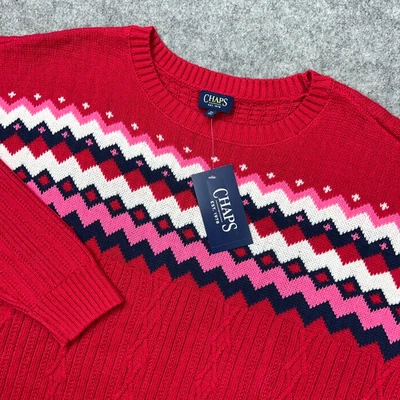 Chaps Sweater Womens 2X Red Striped Pattern Cable Knit Holiday Pullover NEW - Image 1 of 4
