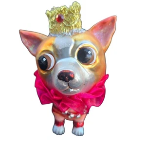 Chihuahua Blown Glass Ornament 4" Crown Pink Collar Festive Fun Red Glitter - Picture 1 of 9