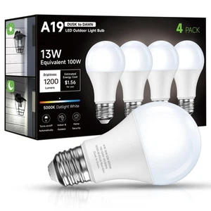 Dusk to Dawn Sensor LED Outdoor Light Bulb, Daylight White 5000K, A19 13W(100... - Picture 1 of 7