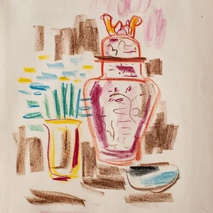 Bernhardt Brach-Zinek Stillleben Blumenstrauß in Vase Farbstiftzeichnung 20 Jhd - Picture 1 of 3