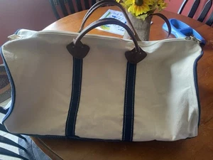 VTG L.L. Bean White & Navy Canvas Boat and Tote Duffle Bag leather handles - Picture 1 of 12