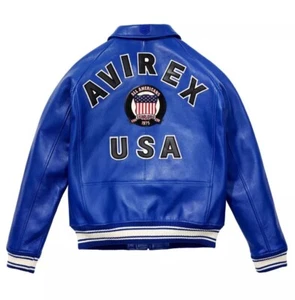 Men's Avirex Real Bomber American Flight Jacket Blue Lamb Leather Jacket - Picture 1 of 3