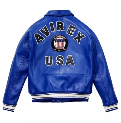 Men's Avirex Real Bomber American Flight Jacket Blue Lamb Leather Jacket - Image 1 of 3