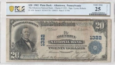 $20 National Currency 1902-PB - Ch#1322 - Allentown NB, Allentown, PA VF25 - Image 1 of 2