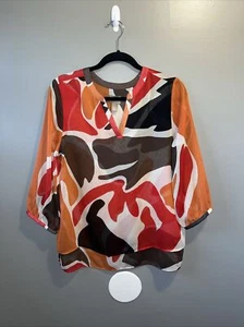 Chico’s Printed V-Neck Pullover Top Womens Size 1 M 8 Double-Layered 3/4 Sleeve - Picture 1 of 15
