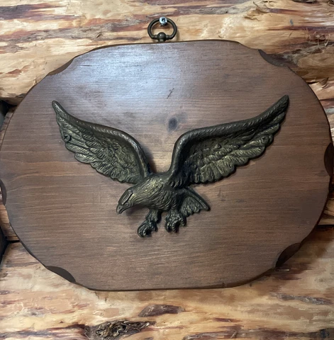 Vintage Brass Eagle on Pine Wood Backing Wall Hanger by Colonial Pinecraft Cover