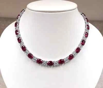 25CT Oval Cut Red Ruby Lab-Created Diamond Tennis Necklace 14K White Gold Plated - Image 1 of 4