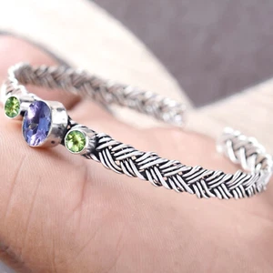 Amethyst Cut,Peridot Cut Gemstone 925 Sterling Silver Bracelet Woman's Bangle - Picture 1 of 6