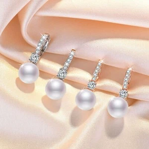 Drop Pearl CZ Gem Hoop Huggie Earrings Women Girl Silver Rose Gold Plated Gift - Picture 1 of 11