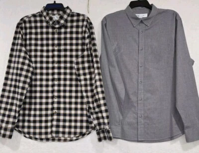 Antiguo par de camisas de vestir para hombre azul marino grandes de manga larga gris y a cuadros con botones Foto 1 de 4