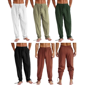 Men Ankle Banded Renaissance Costume Medieval Viking Pirate Trousers with Pocket - Picture 1 of 56