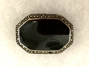 Broche prendedor vintage de plata de ley 925 de ónix negro y marcasita octágono 9 gramos - Imagen 1 de 5