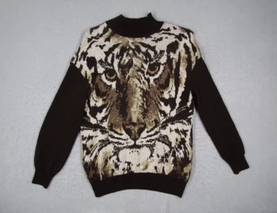 St John Collection Marie Gray Sweater Women Small Brown AOP Tiger Vintage 90s - Image 1 of 4