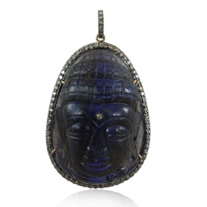 Gautam Buddha Pendant Labradorite Pave Diamond 925 Sterling Silver Charm Jewelry - Picture 1 of 6