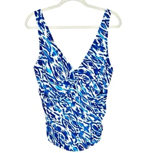 Chaps Tankini Swim Top Swimsuit Plus Size 22W 3X Blue White Ikat Slimming Fit - Picture 1 of 4