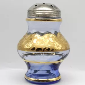 Coctelera de azúcar azul dorado diseño floral antiguo soplado a mano vidrio bohemio - Imagen 1 de 7