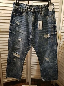 Rue 21 Herren Jeans Größe 34 Blau Crop Denim Premium Relaxed Distressed Ausgefranst - Bild 1 von 14