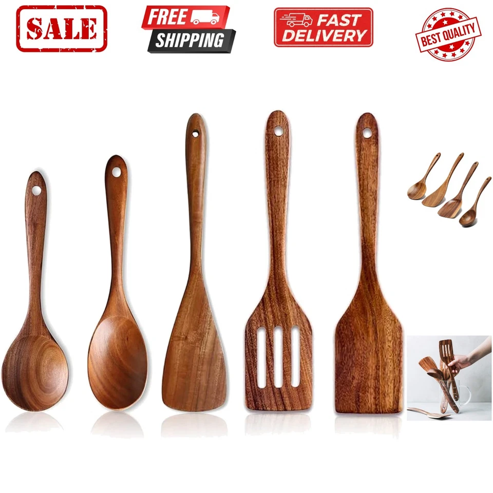 5 Pcs Luxury Wooden Kitchen Utensils Spoons Non Stick Spatula Cooking