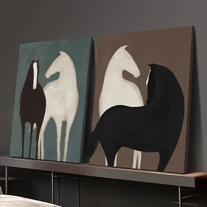 2pcs Abstract Horse Duo Black & White with Teal Accents Wall Art Canvas Unframed - Picture 1 of 7