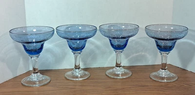 4 Artland Blue Bubble Glass Margarita Glasses - Image 1 of 4