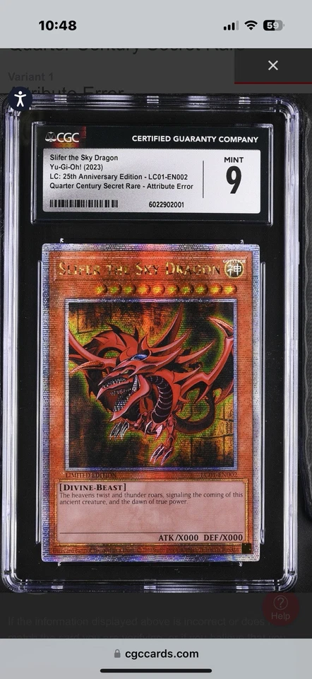 CGC 9 Slifer the Sky Dragon LC01-EN002 Quarter Century Secret Rare Rarity - Image 1 of 1