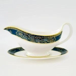 Royal Doulton Carlyle Gravy Boat & Plate Dark Teal Band Blue Floral Paisley Gold - Picture 1 of 17