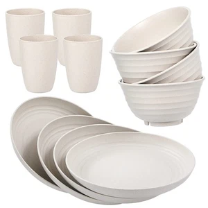 12pcs Wheat Straw Dinnerware Sets, Wheat Straw Plates and Bowls Sets for 4 Mi... - Picture 1 of 6
