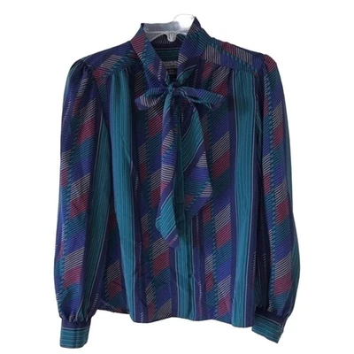 Camisa de vestir vintage a rayas con botones cuello lazo 70 80 Sterling Cooper azul verde Foto 1 de 4