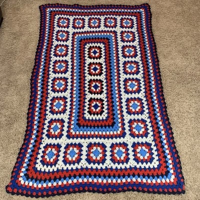 VTG Handmade Crochet Afghan Throw Blanket Red White Blue July 4th Fourth Picnic - Image 1 of 4