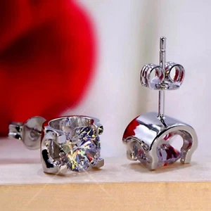 2 Ct Round Cut Real Moissanite Solitaire Stud Earrings 14K White Gold Plated - Picture 1 of 4
