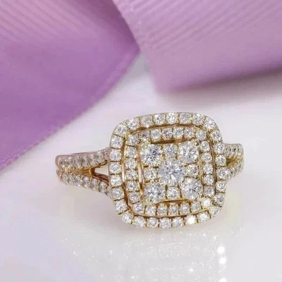 真品莫桑石 2.50 克拉圆形切割簇结婚戒指 14K 镀黄金 — 第 1/4 张图片