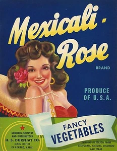 RARO ANTIGUO ORIGINAL AÑOS 40 SENORITA "MEXICALI-ROSE" CAJA ETIQUETA ARTE CALIFORNIA/TEXAS - Imagen 1 de 1