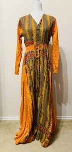 Flawless Womens Yellow tribal Maxi dress Tie dye sz L Cotton slit Bohemian gypsy - Picture 1 of 10