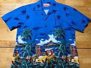 RJC Medium Blue Christmas Santa Short Sleeve Button Up Camp Shirt A05 - Picture 1 of 7