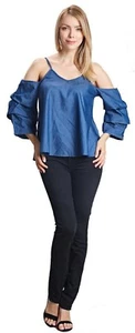 Sexy schulterfreie Sommer-Damenoberteile lässig Partyhemd Baumwolle Denim Bluse US - Bild 1 von 3
